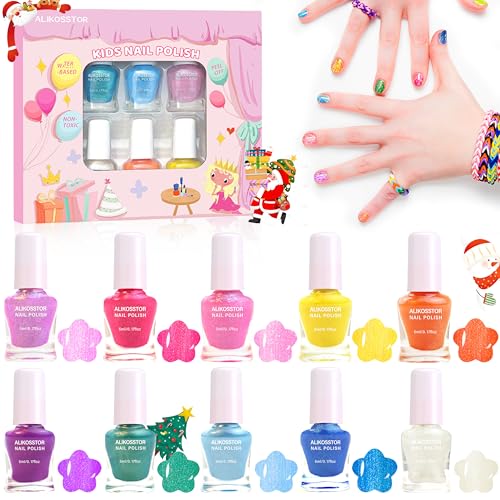 ALIKOSSTOR Nagellack Kinder – Regenbogenfarben Nagellack Set für Mädchen, 10 leuchtende Farben, schnelltrocknend ungiftig peel off Nagellack auf Wasserbasis Geschenk für Kleinkinder Teenager