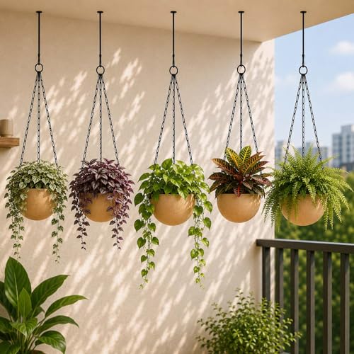 Image of Go Hooked Henri Hanging Planter Pot for Indoor & Outdoor Plants Pack of 5 | 7 Inch Plastic Hanging Pots with Metal Chain | Decorative Round Hanging Planter for Balcony, Garden & Home Decor (Sandstone)