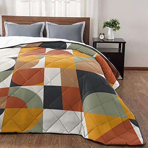 Quilt King Size Luxury Quilted Comforter Bedspread-Thin Soft Cozy, Mid Century Orange Brown Sage Green Abstract Retro Geometric Modern Reversible Stitched Lightweight Quilt Coverlet for All Season