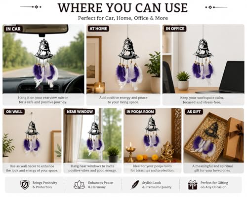 Image of Acrylic Dream Catcher Car Hanging Ornament with Purple and White Feathers - Rear View Mirror Decor for Cars, Spiritual Wall Hanging Decoration for Home, Office and Gift Use (SIVAJI-01)