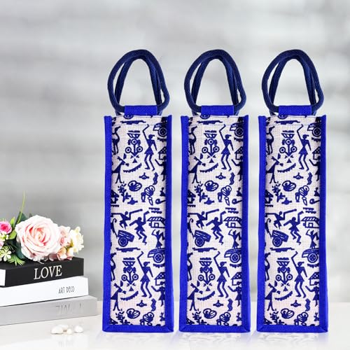 Image of Kuber Industries Bottle Bag | Jute Carry Bag | Water Bottle Cover for Office | Reusable Bottle Bag with Handle | Warli-Print Gift Bag | Pack of 3 | Blue