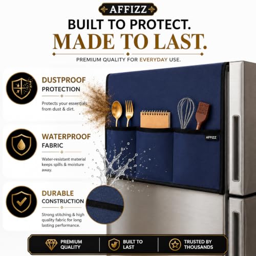 Image of Fridge Cover Top for Single Door Refrigerator with 6 Side Pockets | Waterproof, Dustproof & Washable Polyester Refrigerator Cover Top | Kitchen Organizer Fridge Top Cover | 130 x 54 cm | Blue