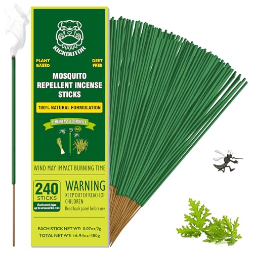 KICKOUTOR® Mosquito Repellent Outdoor Patio 240 PCS Natural Citronella Incense Sticks DEET Free Lemongrass Oil Gnat Mosquito Control for Indoor Backyard Travel Camping