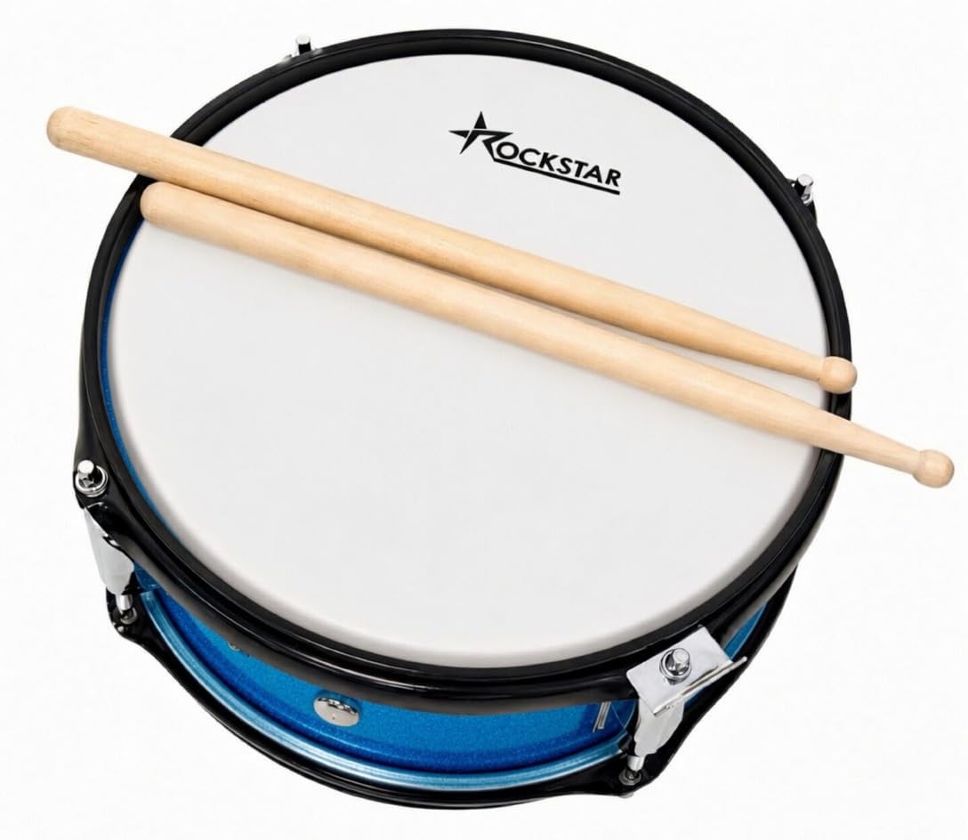 ROCKSTAR - Tambor de Madera Afinable SMS-1205BL 12" x 5" (30,5 x 12,7 cm) Caja de Marcha, Instrumento de Percusión con Bordón Ajustable, Correa y Baquetas Incluidas. Azul metalizado.