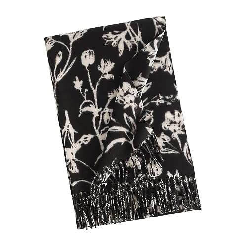 Winter Cashmere Shawl - Women's Ink Flower Pattern Pashmina With Tassel, Long Neck Scarf, Soft Warm Wrap Stole