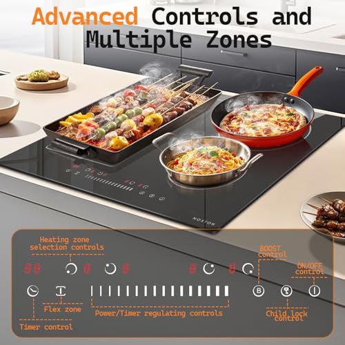 Image of Noxton 24 Inch Induction Cooktop, 4 Burners Electric Cooktop, Upgraded Induction Stovetop with Flex Zone, Power Boost, Pause, 9 Power Levels, Child Safety Lock, Timer, 7200W, 220-240V Hard wire