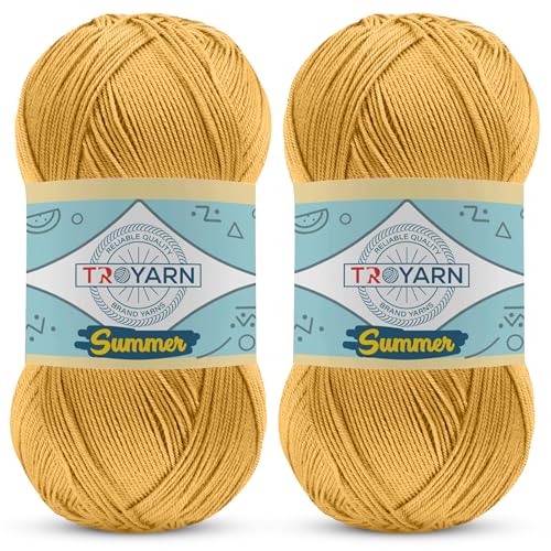 Image of TROYARN Summer (2- Skeins Pack) Silk Effect Hand Knitting Yarn Crochet Art Lace Craft 100% Microfiber Acrylic 2x100 gr (2x383 yds) (105488 - Turmeric)