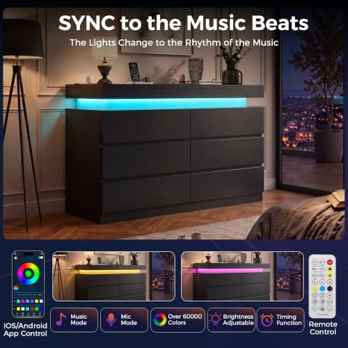 6 Drawer Dresser with LED Lights and Charging Station, Modern Black Dresser - Image 4