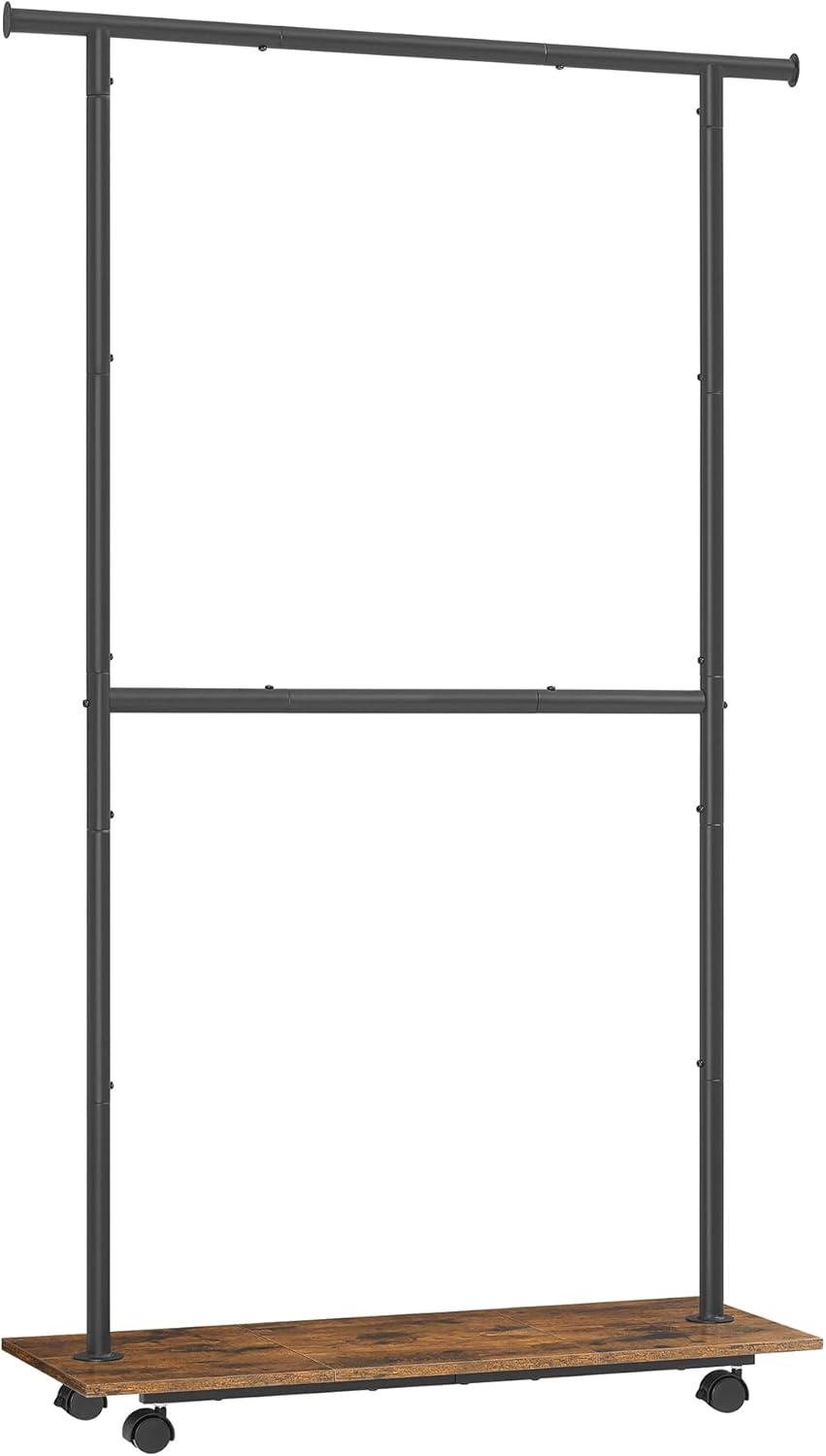 SONGMICS Clothes Rack with Wheels, Middle Rod Clothing Rack for Hanging Clothes, 38.8 Inches Garment Rack with Shelf, Height Adjustable, Loads up to 121 lb, Rustic Brown and Ink Black UHSR153B01 Black Middle Rod