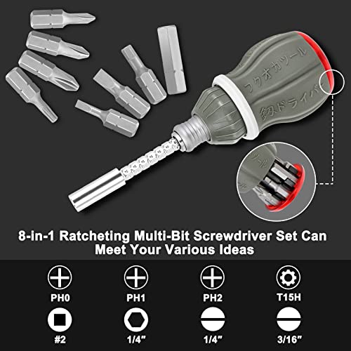 Aeccn 8-In-1 Ratcheting Multi-Bit Screwdriver Set, Impact Rated Stubby Screwdriver Adjustable Magnetic Tool With Phillips, Slotted, Square And Nut Driver - Fo-6009X #TOP4