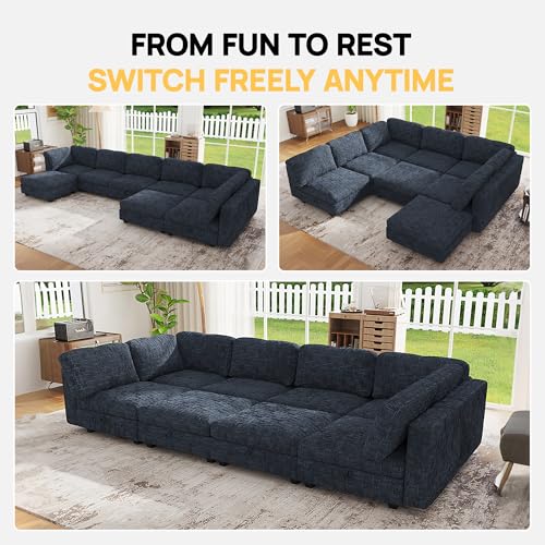 Image of 128 inch Modular Sectional Chenille Sofa bed with Hidden Storage, Comfy Modern 8 Seater Oversized Deep Seat Couch, Modular Sectional with Ottoman and Removable Cover for Living Room, Apartment, Black