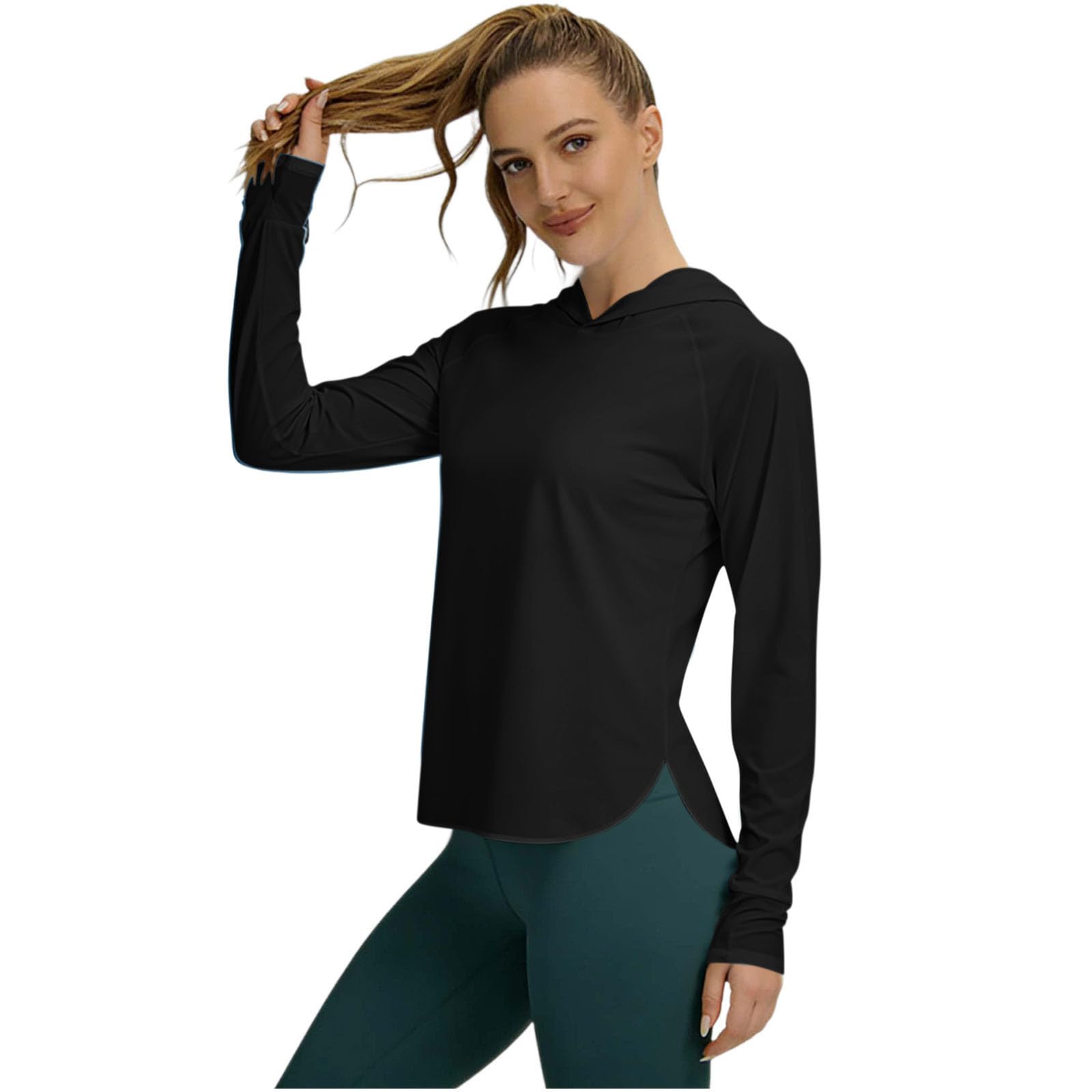 AMhomely Womens Sun Protection Hoodies-Upf50 Long Sleeve Shirt Women,Gym Workout Running Sports Tees,Ladies Lightweight Breathable Quick Dry T-Shirt,Side Slit,Outdoor Travel Safari A Black XXL