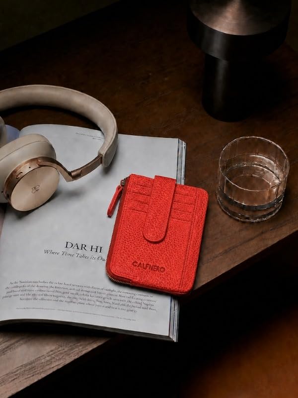 Image of Calfnero Genuine Leather Card Holder & Key Case for Men & Women | Slim Wallet with Zipper Pocket, Card Slots & Key Chain | Compact Travel Organizer (Light Red)