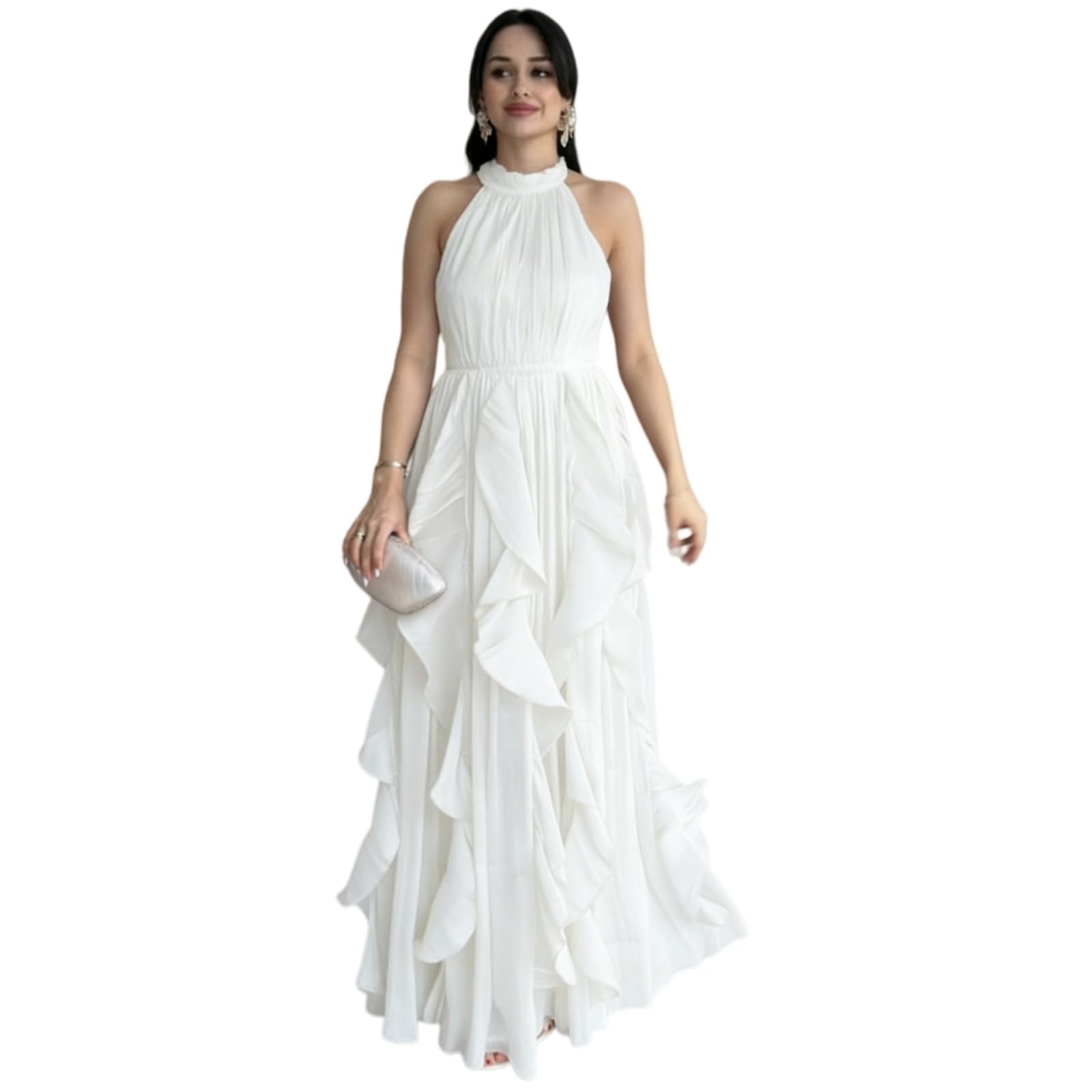 Vestito Donne Halter Maxi Abito Una Linea Senza Maniche Alta Vita Ruffle Hem Elegante Serata Festa Lungo Abito-Wine Red-XS