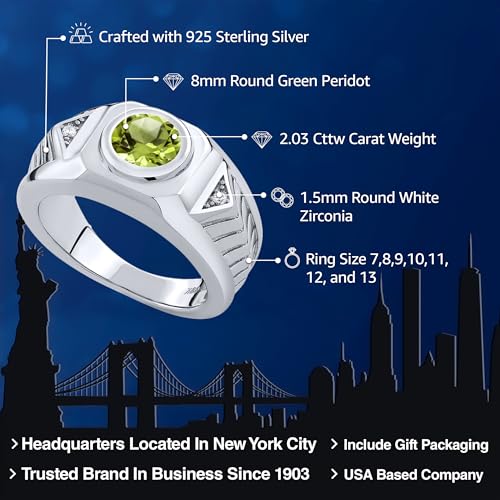 Gem Stone King Men's 925 Sterling Silver Gemstone Birthstone Ring For Men | Round 8MM | Available in Size 7, 8, 9, 10, 11, 12, 132