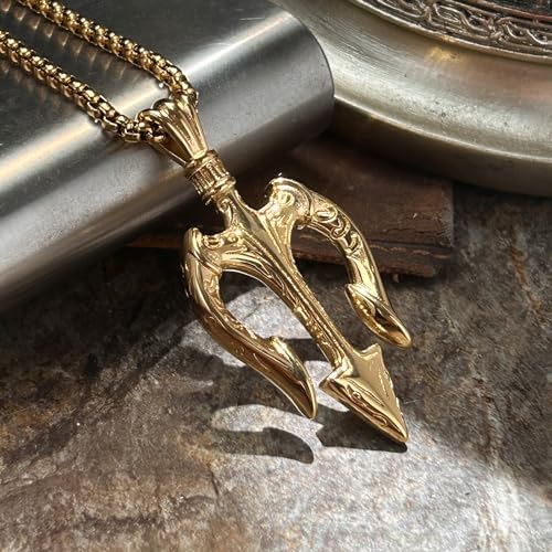 bahamut Neptune Poseidon Trident Weapon Protection Necklace for Men,Greece Amulet Gold Pendant Stainless Steel Chain Jewelry3