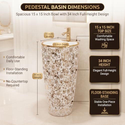 Image of InArt Freestanding Pedestal Wash Basin for Bathroom, Luxury Floor Standing Ceramic Basin with Gold Rim and Floral Pattern, 15 x 15 Inch Bowl, 34 Inch Height, White & Gold