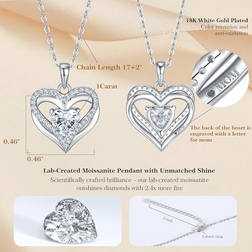 1CT Double Heart Moissanite Necklace for Women D Color VVS1 18K White Gold Plated Jewelry for Mother Love Friend Mother’s Day Birthday Gift for Her 18inch3