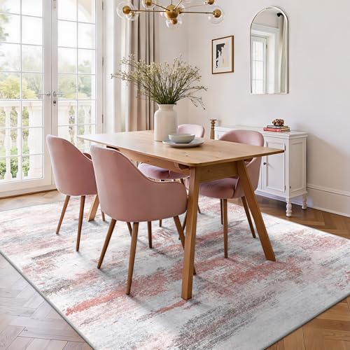 Image of 5x7 Rugs for Living Room - Modern Abstract Washable Rug, Ultra Soft Non Slip Low Pile Large Rugs, Floor Carpet for Bedroom Dining Room Office Laundry Nursery Home（Pink & Grey）