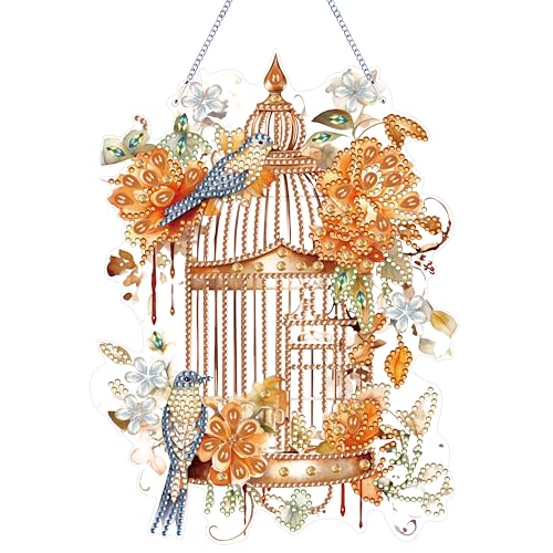 MEIEST Diamond Art Painting Hanging Pendant Kit,DIY Flower Birdcage Crystal Art Hanging Sign,Diamond Window Hanging Wreath Ornament for Home Decor (365)