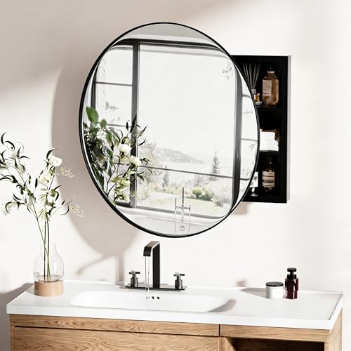 Ztexkee Spiegelschrank Bad Hängend Badezimmer Spiegelschrank mit 2 Einlegeböden Rund Badezimmerschrank aus Metall 52x52x12,5 cm Schwarz (Keine Montage erforderlich)