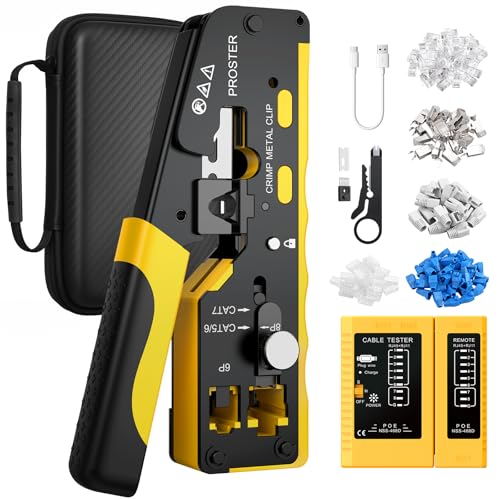 Proster Pince à Sertir RJ45 CAT7 Traversante – Outil de Sertissage Pass Through Ethernet 8P8C avec Testeur de Câble Rechargeable PoE, Connecteur Blindé...