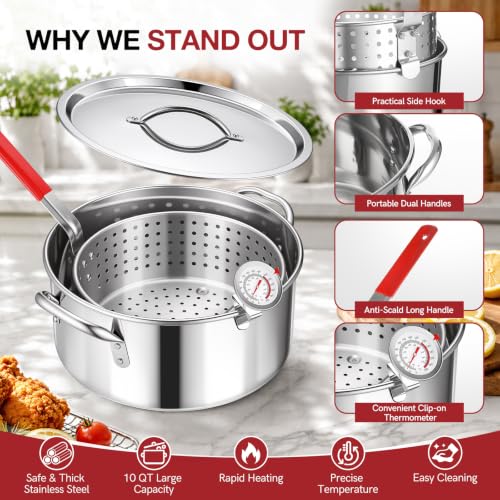 Image of 10 QT Stainless Steel Deep Fryer Pot with Basket Lid Tongs Thermometer