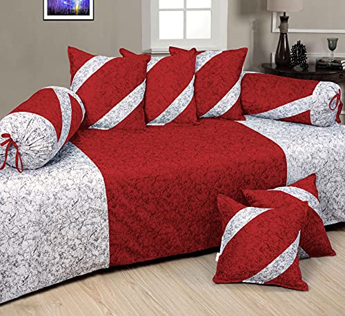 Image of Homesajja Premium Velvet 1 Diwan Sheet, 2 Bloster with Dori, 5 Cushions Cover, Size- 60 x 90, Colour-Red & White