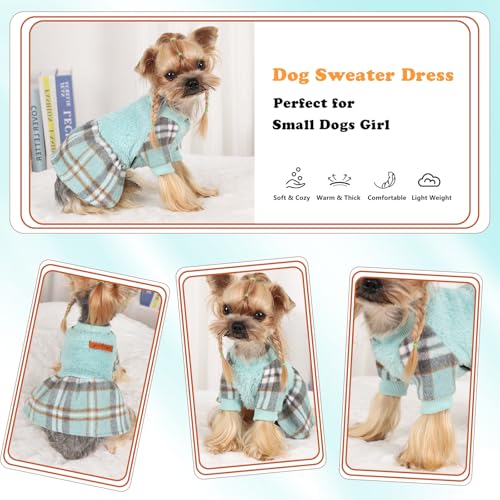 Image of Dog Sweater Dog Winter Clothes for Small Dogs Boy Girl Fall Puppy Dress Warm Fleece Chihuahua Yorkie Teacup Doggie Sweaters Dresses Doggy Sweater for Small Dogs Girl Cat Outfits, Green Plaid, S