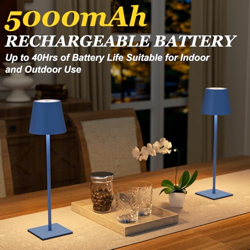 Image of Kakanuo Cordless Rechargeable Table Lamp Navy 5000mAh Battery Operated Lamps, 3 Colors Stepless Dimming Touch Lamp for Living Room, Kitchen Counter, Dining, Outdoor Patio, 2 Pack