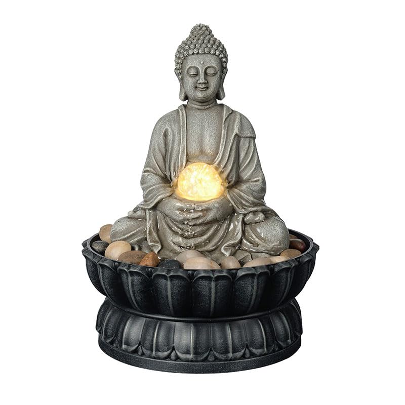 Kalona Tabletop Buddha Waterfall Fountain, Meditating Buddha Zen Fountain with LED Glass Orb, Relaxing Desk Water Feature for Home Office Decor(21127B)