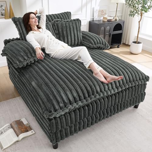 Image of WESTSETLUX 54.8 inch W Oversized Chaise Lounge Chair Indoor with 5-Position Adjustable Backrest, Plush Sleeper Sofa Bed with Pillows, Upholstered Cloud Couch Chair for Living Room, Study Room, Dark Grey