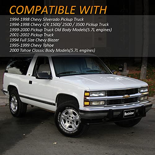 Bestview Side Marker Turn Signal Lights Led Corner Light Assembly, Chrome Housing Clear Lens For Chevy C/K C10 Pickup Truck 1500 2500 3500 1994-1998 Silverado Tahoe, Dynamic Amber, Pack Of 4 #TOP3