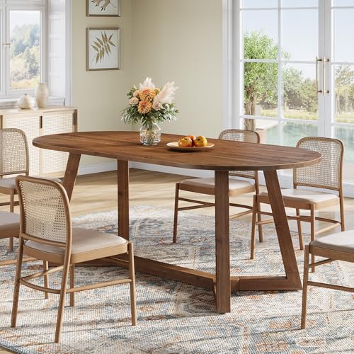 TRIBEWOOD Solid Wood Oval Dining Table for 4-6, 63-Inch Wooden Farmhouse Kitchen Table with Sturdy Tapered Legs for Living Room, Dining Room,Office (Rustic Brown)