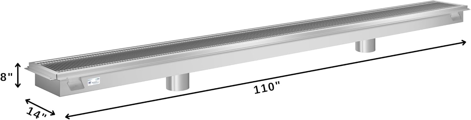 12" x 108" Stainless Steel Floor Trough Drain, 14-Gauge with Subway-Style Grating & Removable Drain Basket, NSF Listed (KM-FTG-12108)