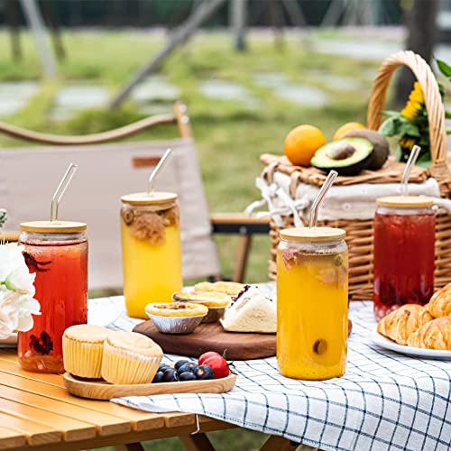 image for KIVISOYI Drinking Glasses with Bamboo Lids and Glass Straw, 6PCS 16oz 