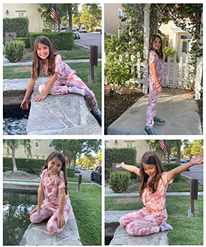 Arshiner Girls Tie Dye 2 Piece Set Cute Short Sleeve Tops And Sweatpants Outfits Brown White 6 #TOP2