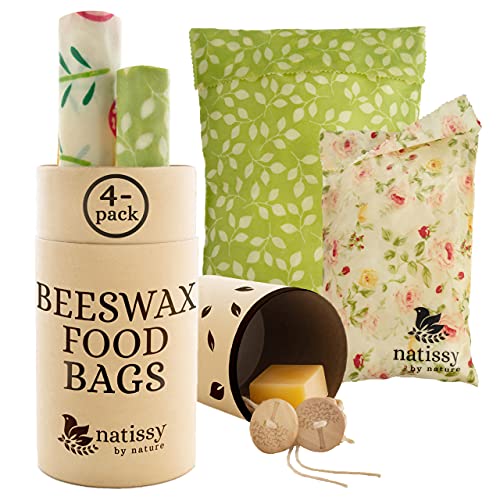 Bienenwachstücher BEUTEL Bio Baumwolle; 4er Set Bienenwachsbeutel; Wachspapier für Lebensmittel; wiederverwendbare Bienenwachs Sandwich BEUTEL; Bienenwachstücher für Brot Brotbeutel, Beeswax Wraps