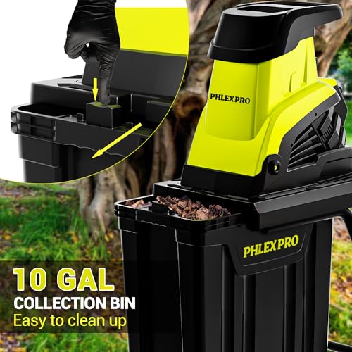 PHLEX PRO Garden Wood Chipper, 15-Amp Electric Brushless Wood Chipper with 10 Gallon Collecting Bin, for Garden, Lawn, Yard (Garden Green)