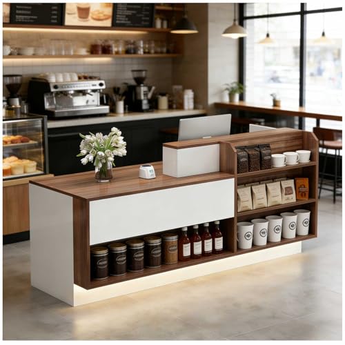 Escritorio moderno con iluminación LED, estantes abiertos y cerrables, mesa de madera para cajas registradoras y salones, minoristas y oficinas, 120 x 60 x 100 cm