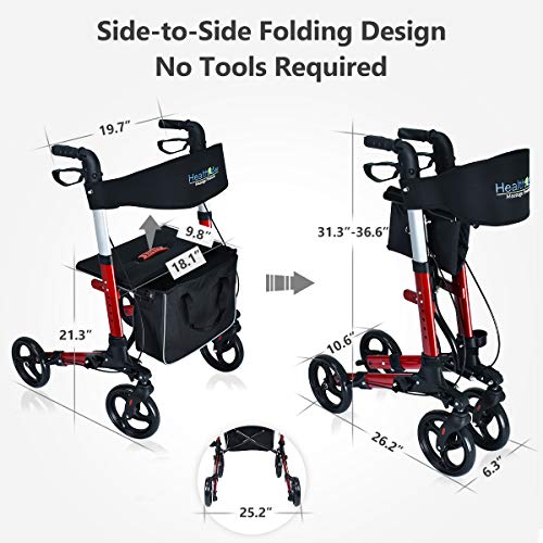 Health Line Massage Products Compact Rollator for Seniors, Aluminum Side-Fold Rolling Walker with Paded Seat, Cherry Red - Thumbnail 3