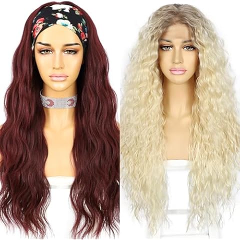 SAPPHIREWIGS Synthetic Headband Wig Long Wavy Wig Burgundy Hair and Ombre Blonde Curly Lace Front Wig 26inch Cover