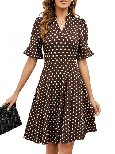 Image of Mokayee Womens Summer V Neck Ruffle Short Sleeve Fit and Flare Knee Length Church Wedding Guest Dresses with Pockets