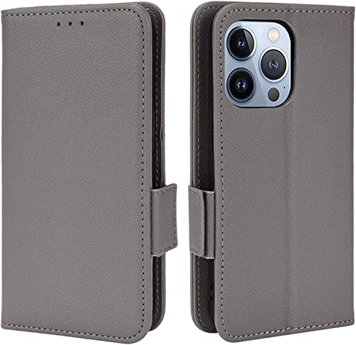 Étui portefeuille iPhone 14 Pro Max élégant en cuir premium gris anti-choc