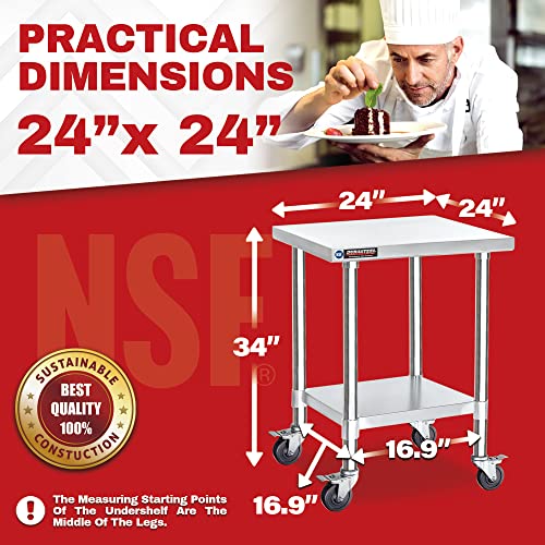Image of DuraSteel 24x24 NSF Stainless Steel Cart Work Table - Heavy Duty Rolling Food Prep Table - Metal Utility Cart on Wheels Caster, Grill Stand Microwave Outdoor Kitchen Tables Countertop Island Large Top