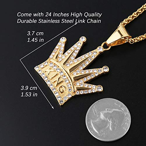 HZMAN 18k Gold Plated Cz Inlay King Crown Stainless Steel Pendant Necklace Success and Protection Lucky (Gold)4