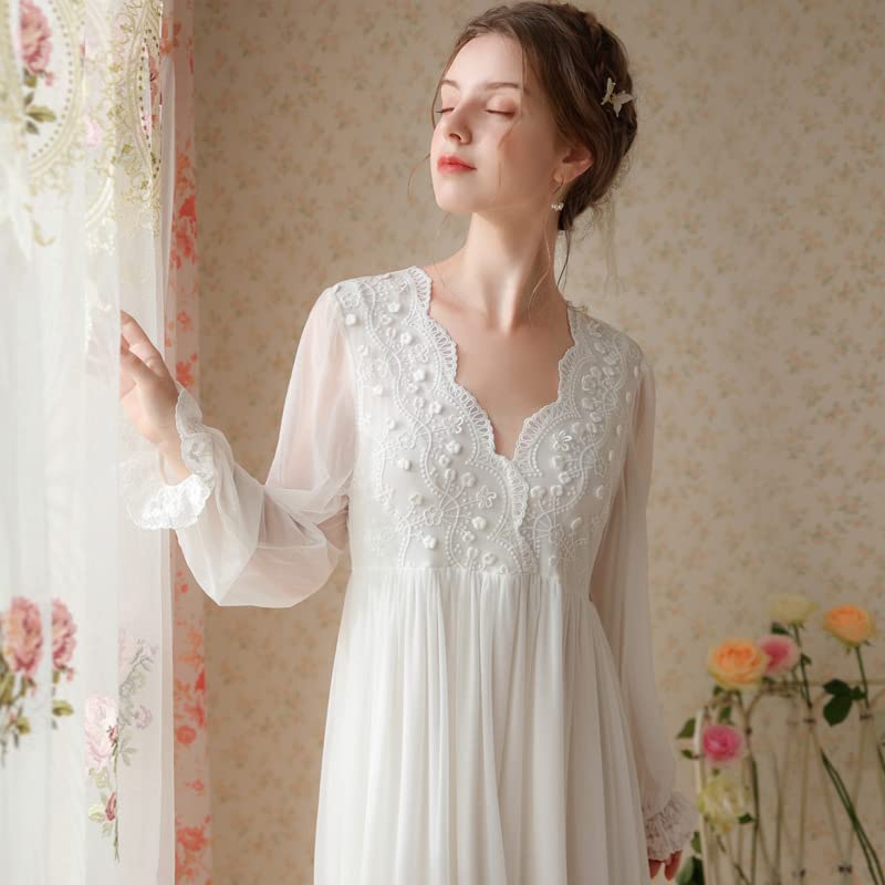 Chemise de nuit victorienne pour femme, 100 % modal à manches longues en dentelle avec broderie florale