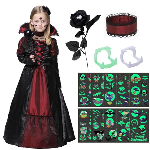 Disfraz de Vampiro Niñas, Disfraz Vampiresa Niña, Disfra-z de Bruja Reina Vampiresa con Dientes de Vampiro, Rosa y Tatuaje, Vampirina Disfraces Niñas para Halloween Carnaval Mascarada Cosplay (M)