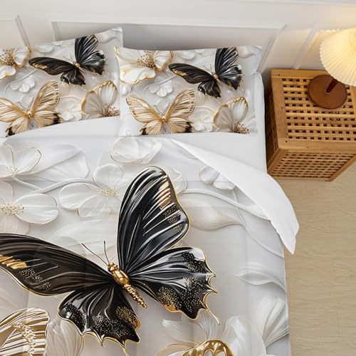 Image of Luxury 3D Butterfly Comforter Set Queen Size for Teen Boys Girls,Black and Goldern Butterfly Bedding Set,White Floral Print Quilt Set for Adults Women Bedroom Decor