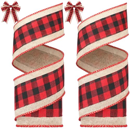 2 Rolls Christmas Buffalo Plaid Ribbons Burlap Wired Edge Plaid R...